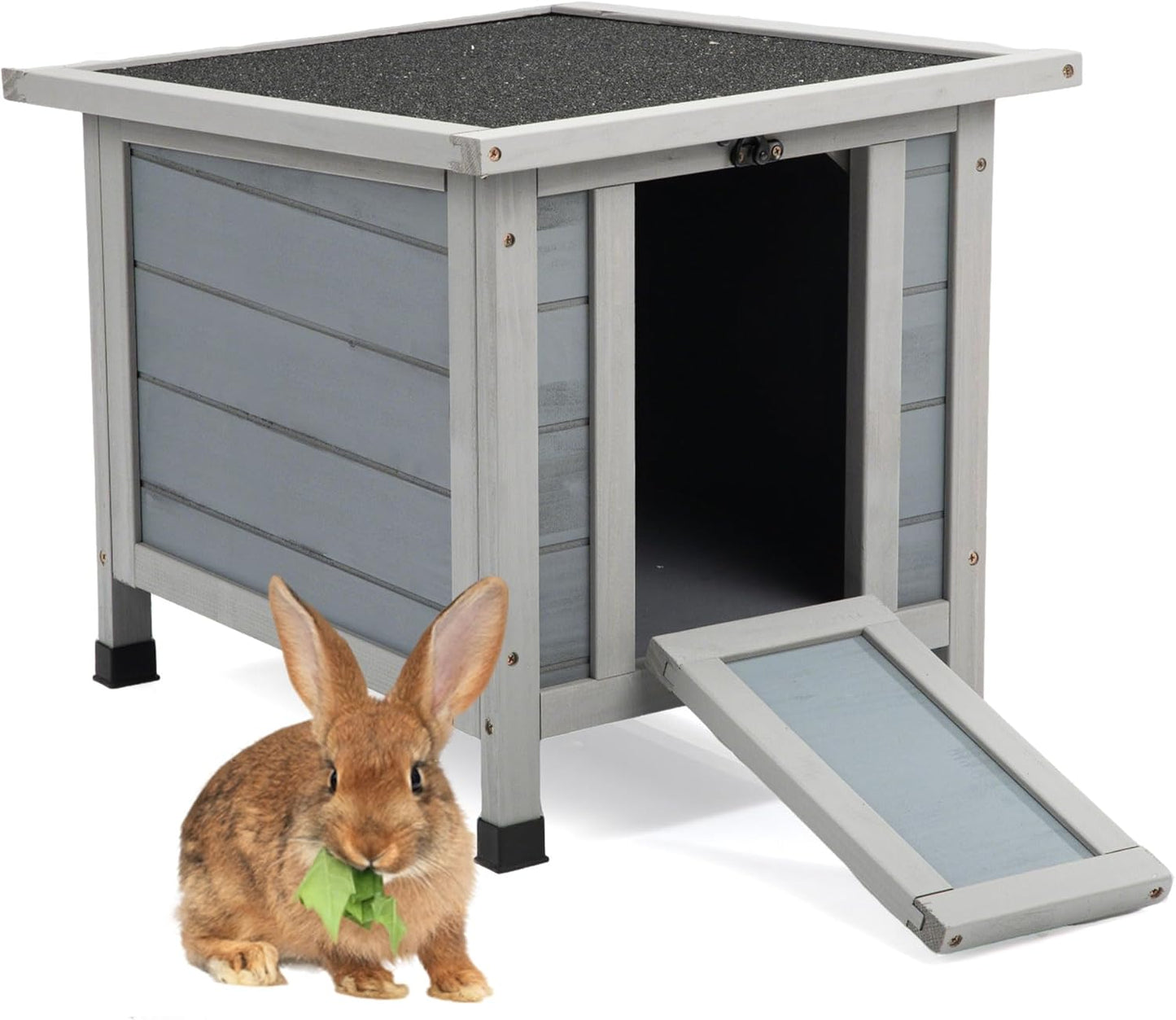 Coziwow Rabbit Hutch, Outdoor Cat House Weatherproof, Bunny Cage Indoor with Openable, Portable Small Animals Shelters with Nonslip Ramp for Hideout Rabbits/Feral Cats/Chicken/Duck/Small Animals-Gray