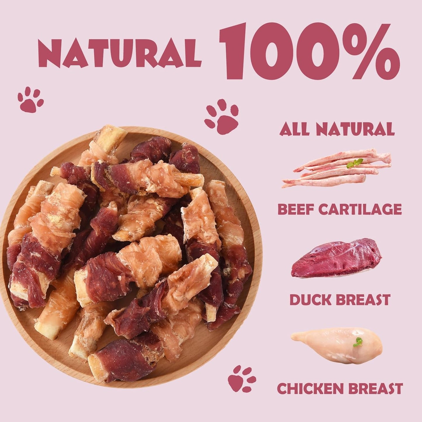 ASMPET Dog Treats, Chicken & Duck Wrapped Beef Cartilage, Rawhide Free & Grain Free Dog Snacks