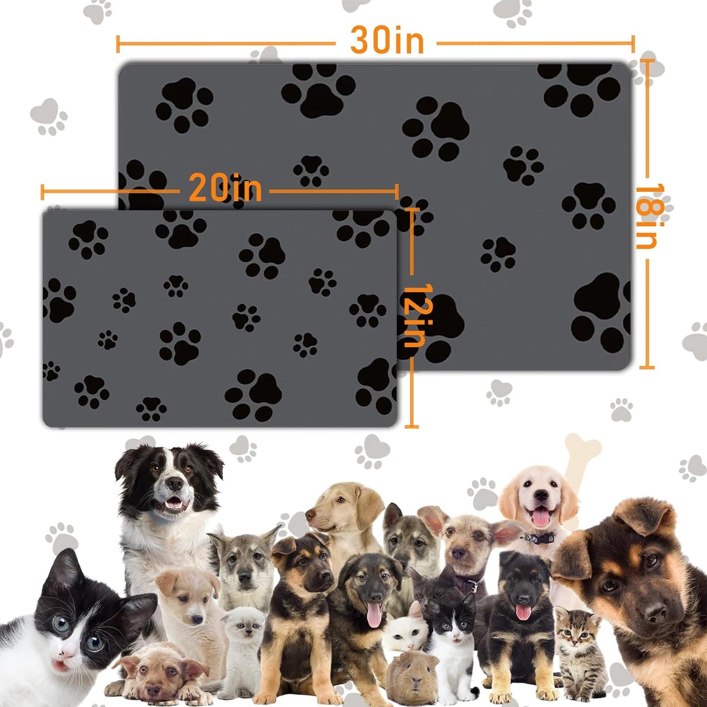 18"×30" Dog Food Mat-Absorbent Dog Mat for Food and Water, No Stains Quick Dry Cat Food Bowl Mat with Footprints for Messy Drinkers,Dark Grey