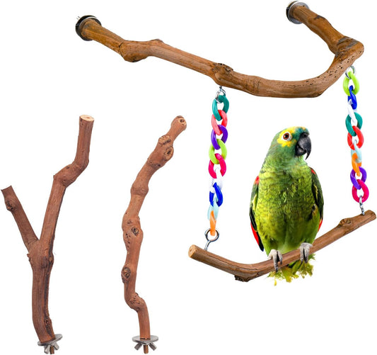 Bird Swing Toys, Standing Bird Perch with Natural Grape Wood, U Shape Hangable Birdcage Accessories, Birds Chewing Toy for Budgerigars, Parakeets, Cockatiels, Conures, Lovebirds, Finches (3Pack)