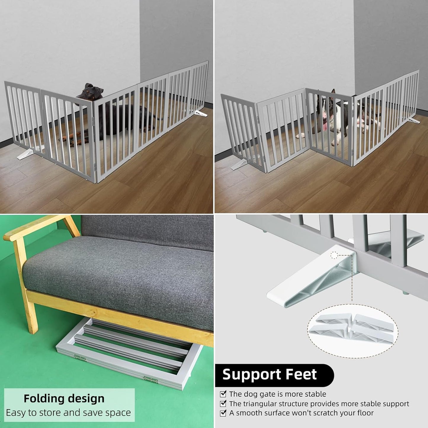 ZJSF Freestanding Indoor Dog Gate for House Foldable Wood Puppy Gate for Doorways Pet Gate for Stairs Extra Wide Pet Fence, Grey, 24" Height 6 Panels