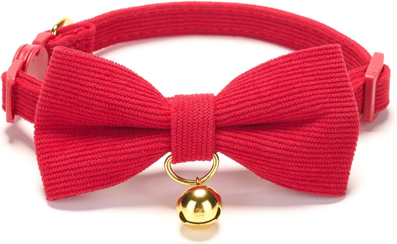 2 Pack Soft Corduroy Christmas Cat Collars with Bow Tie & Bell, Adjustable Breakaway Cotton Kitty Bowtie Collar for Girl Boy Kitten (Red & Green)
