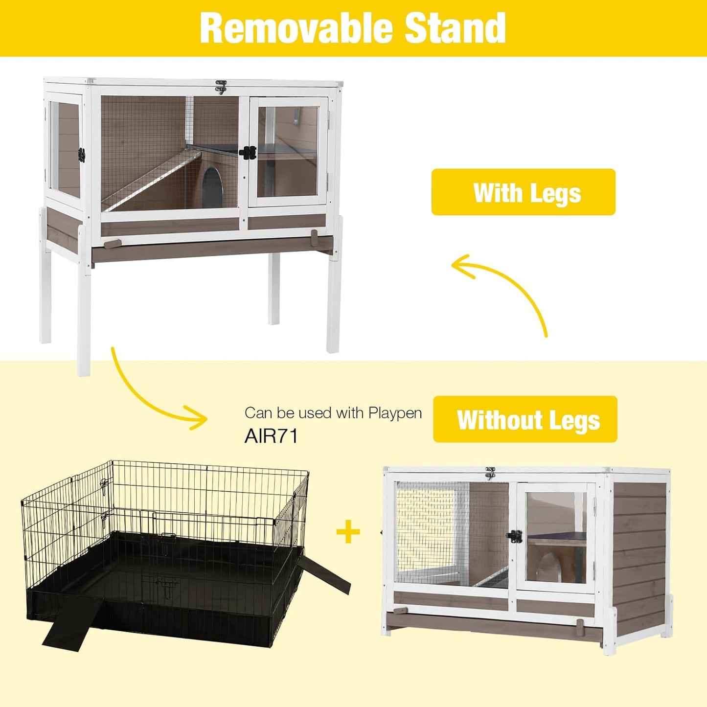 Aivituvin Rabbit Hutch with Stand Wooden Bunny Cage Indoor 2 Story Guinea Pig House with Anti Chew Ramp, No Leak Tray, Hideout, Wire Mesh (Brown)