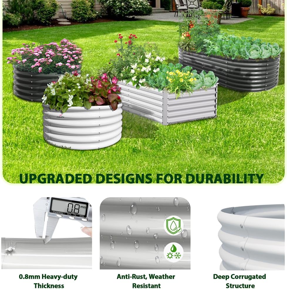 A ANLEOLIFE 2-Pack 4ft x 18” Tall Galvanized Raised Garden Beds Outdoor, Round Metal Planter Box for Planting Vegetables Flowers Herb, Anti-Rust & Easy-Setup, Antique White