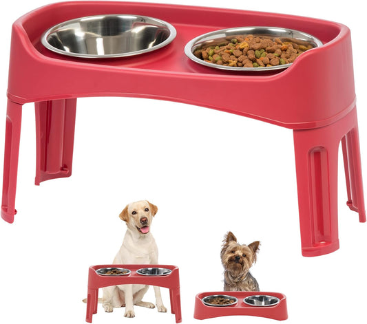 IRIS USA Elevated Dog Bowls, Adjustable Height, 2 Thick 64 oz Stainless Steel Bowls, Spill-Proof with Raised Outer Rim, Durable Made in USA Plastic, Easy Assemble, 2 Heights 4.63" or 12.25" Red