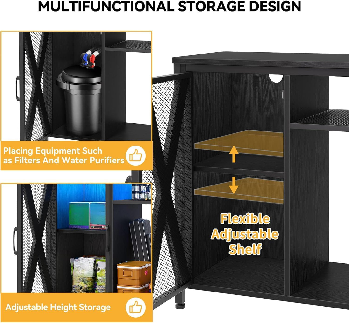 DWVO 40-50 Gallon Aquarium Stand with Power Outlets & LED Light, Cabinet for Fish Tank Accessories Storage - Metal Fish Tank Stand Suitable for Turtle Tank, Reptile Terrarium, 660LBS Capacity, Black