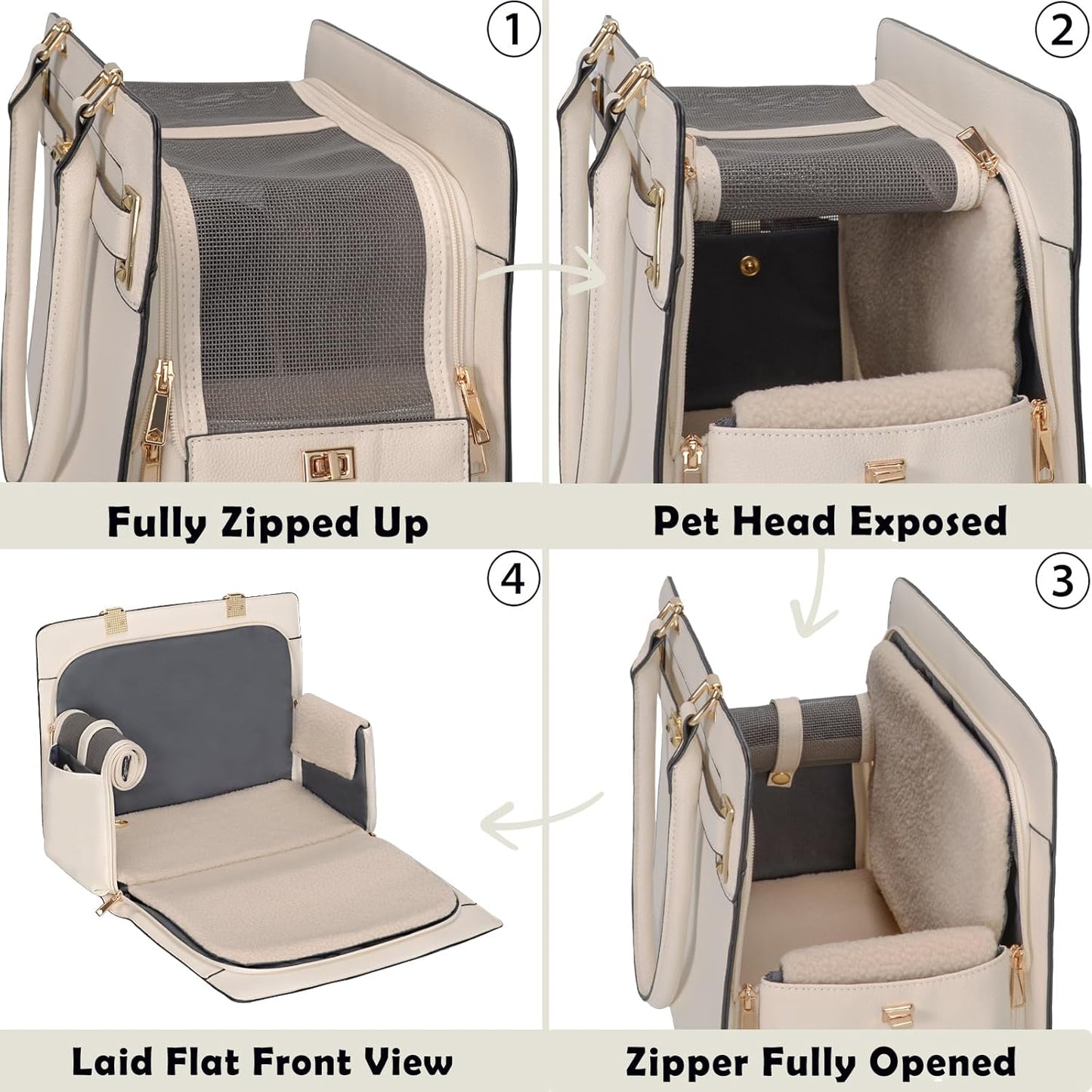 2-in-1 Stylish Dog Purse Carrier Soft-Sided Carriers Travel Tote Bag for Small Dogs Cats, Fashion Foldable Pet Bag for Puppies Small Animals with Pockets (White, 15" L x 7.5" W x 12.2" H)