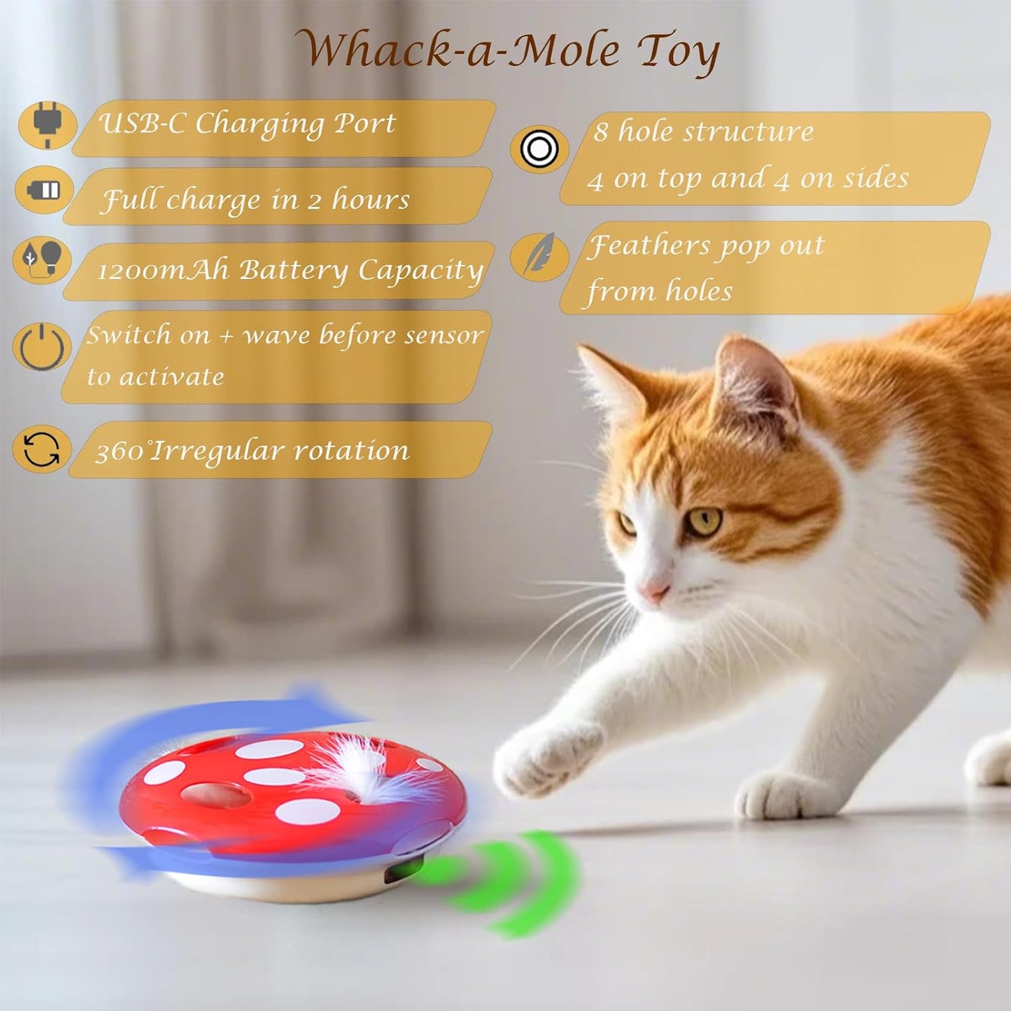 Interactive Cat Toy Automatic Mushroom - Whack-a-Mole Game with Rotating Feathers for Indoor Cats, Hide & Seek Rechargeable Toys Boredom Relief Adult Kittens, Safe Chew Proof Design (Red)