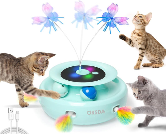 ORSDA Cat Toy, 3-in-1 Automatic Interactive Electronic Moving Ambush Feather, Fluttering Butterfly, Track Balls, USB Rechargeable Powered Smart Indoor Exercise Kicker