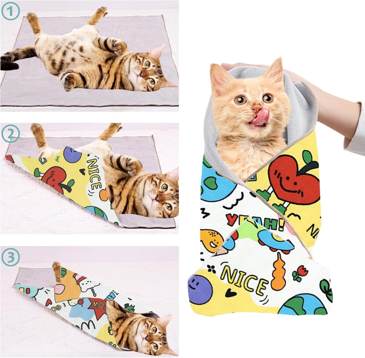 Cat Grooming Wrap, 2pcs [M+L] Cat Restraint Wrap for Nail Clipping, Ear Cleaning, and Teeth Brushing, Self-Adherent, Anti-Bite, Anti-Scratch, Anti Scratch, Pink+Yellow