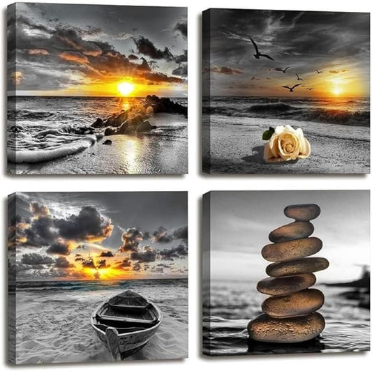 Yxbhhym Black and White Gold Beach Wall Art Ocean Canvas Seascape Prints Posters Zen Wall Decor Sea Sunrise Scenery Wall Pictures Coastal Paintings for bathroom Wall Art Framed -12"x12"inches x 4 pcs