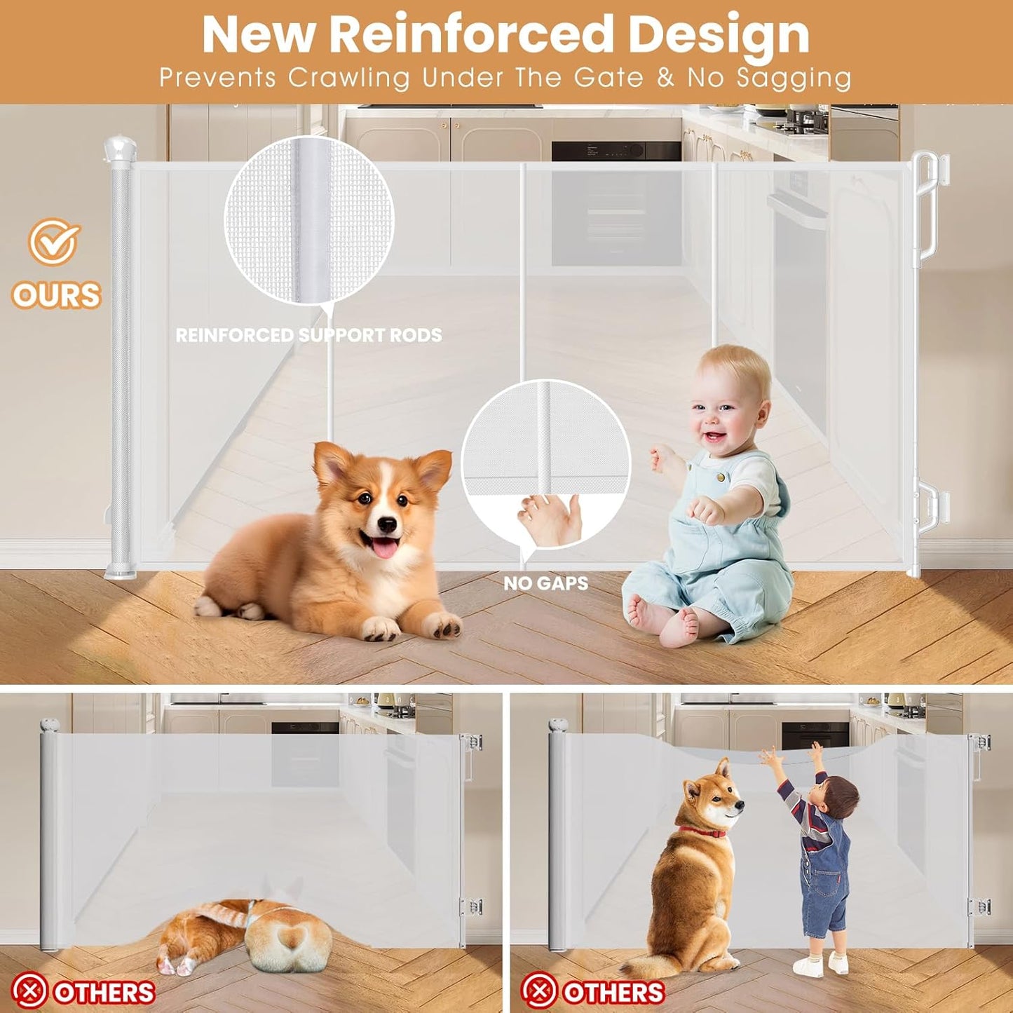 Reinforced Retractable Baby Gate or Mesh Dog Gate,Easy to Use for Stairs, Doorways, Hallways, Indoor, Outdoor, Wide Pet Gate 33.5" Tall, Extends to 55" Wide, White