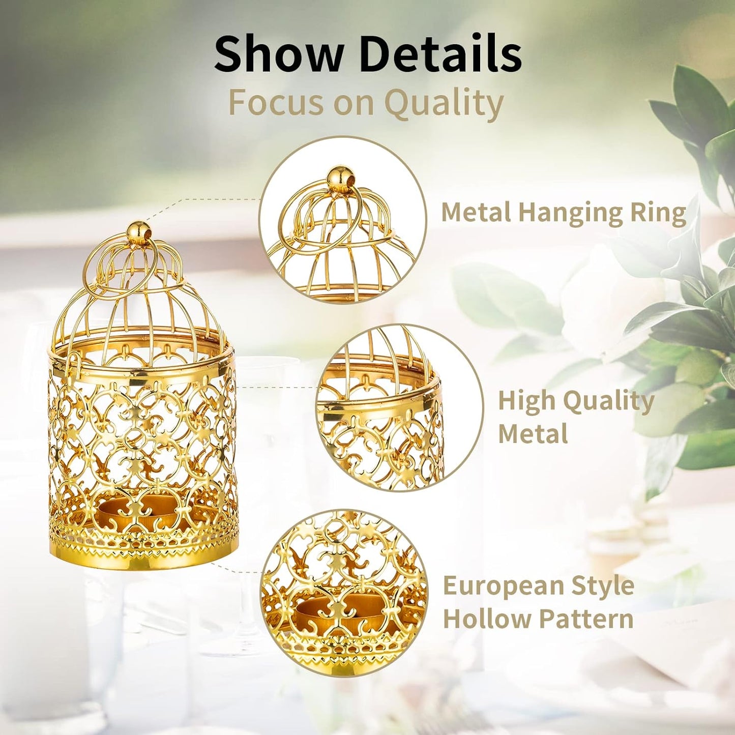 2 Pcs Small Metal Tealight Hanging Birdcage Lantern, Vintage Decorative Centerpieces of Wedding, Party, Gold