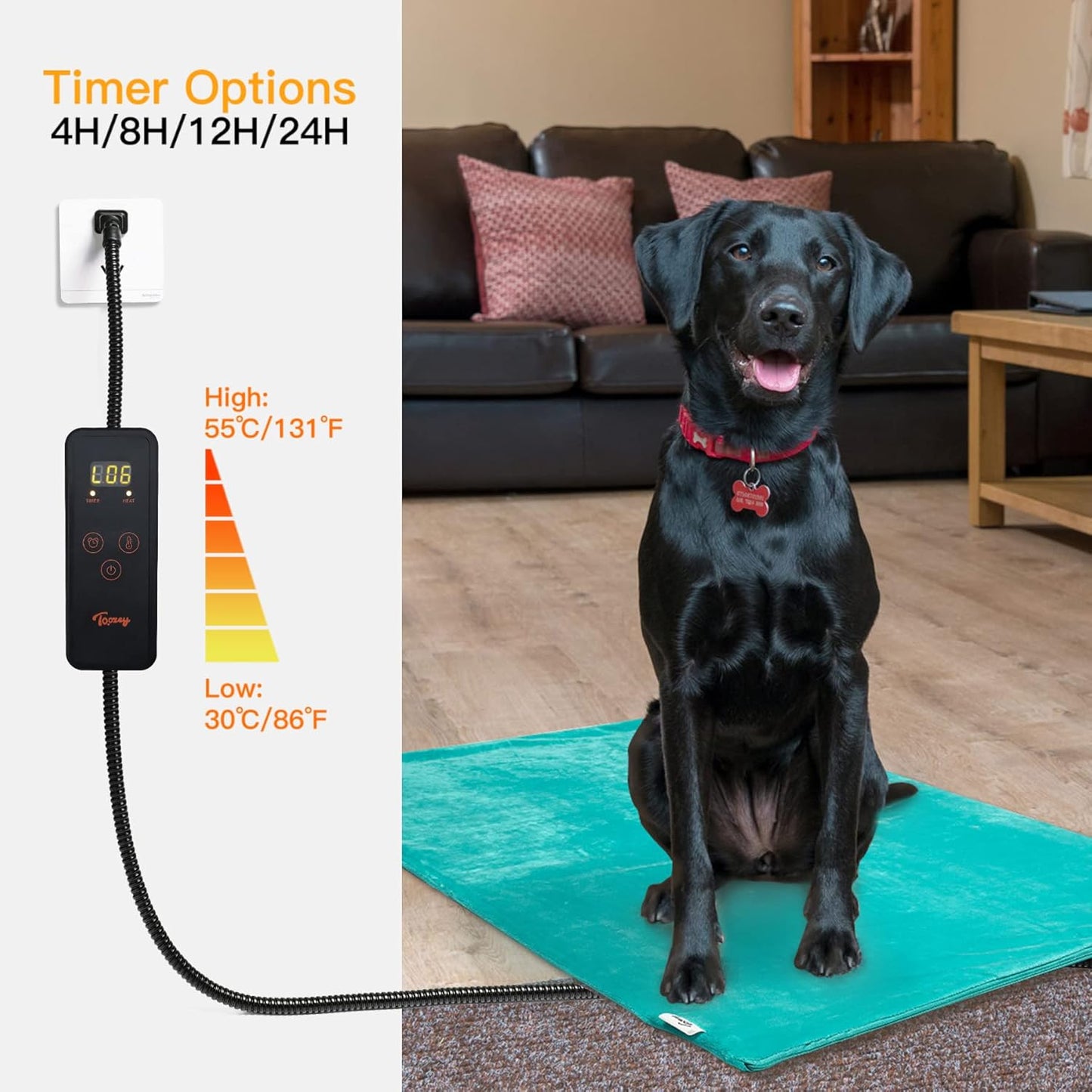 Toozey Large Pet Heating Pad, 6 Adjustable Temperature Dog Cat Heating Pad with Timer, Waterproof Heated Dog Bed with Chew Resistant Cord, Indoor Electric Pet Heated Mat 35x24in