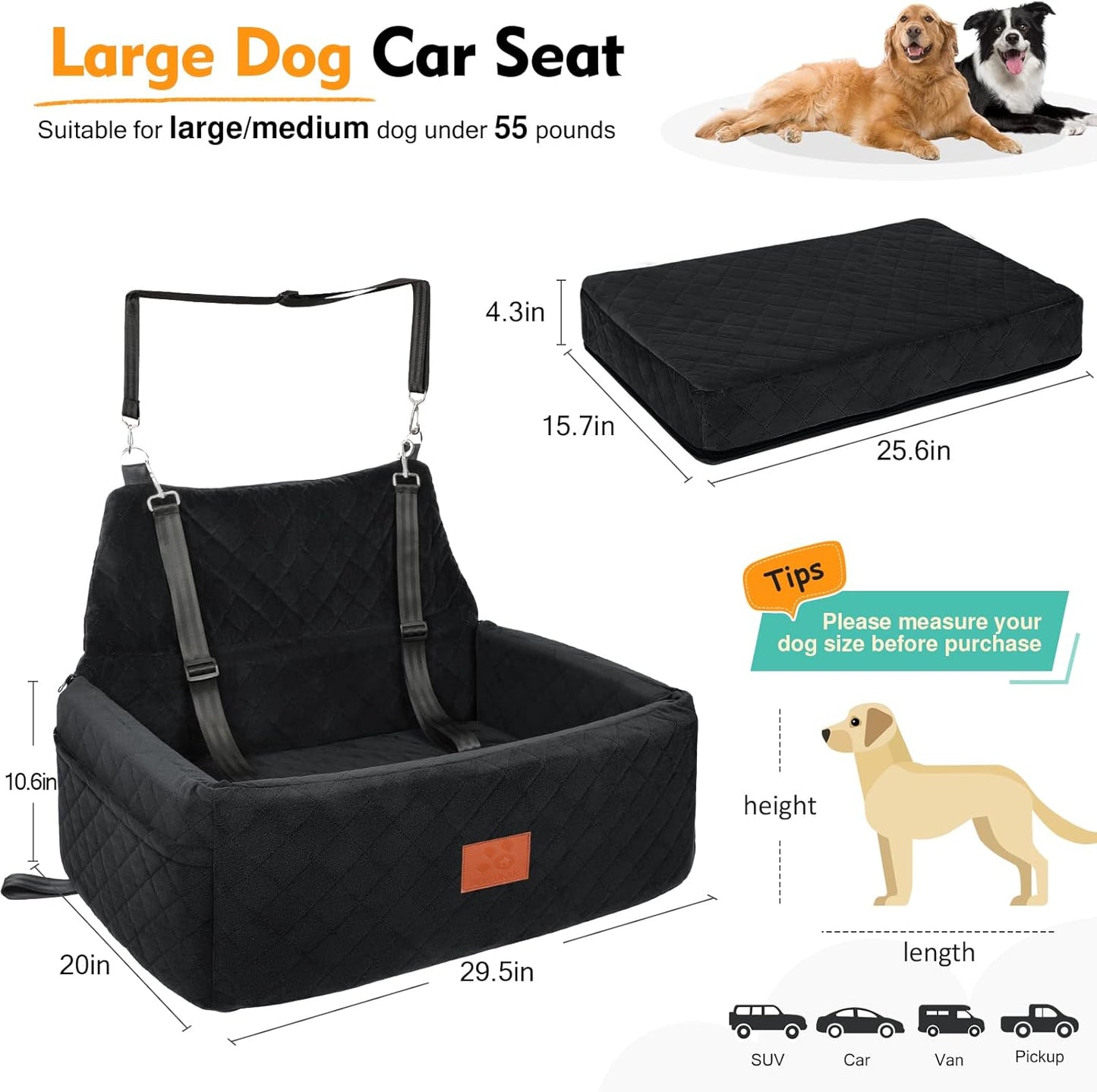 Dog Car Seat for Large Medium Dogs,Portable Washable Pet Car Seat Under 55 lbs,Dog Booster Seat with Thick Cushion,2 Safety Leashes Travel Car Dog Bed
