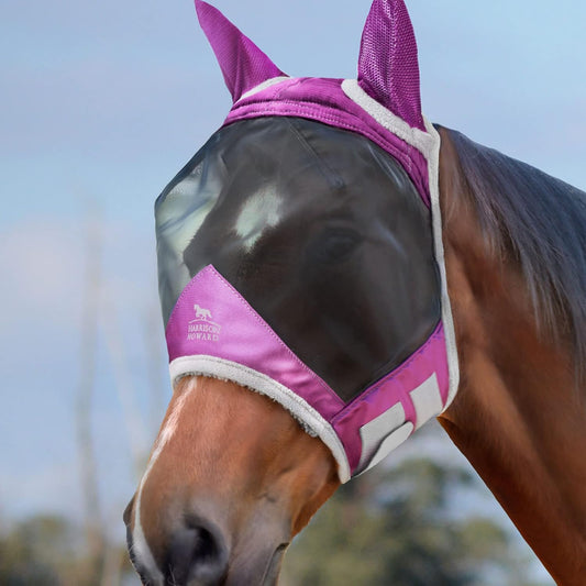 Harrison Howard CareMaster Pro Luminous Horse Fly Mask Large Eye Space Standard with Ears UV Protection for Horse Dark Magenta S Pony