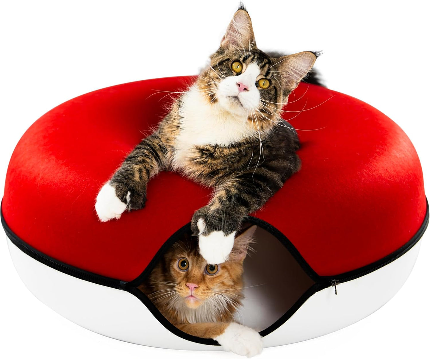 Cattasaurus Peekaboo Cat Cave, Extra Spacious for Multiple & Large Cats 12+ lbs, Scratch Detachable Cat Beds for Indoor Cats, Washable Tunnel Bed, Comfy Cat Donut Tunnel (Ruby Snowball, Jumbo)