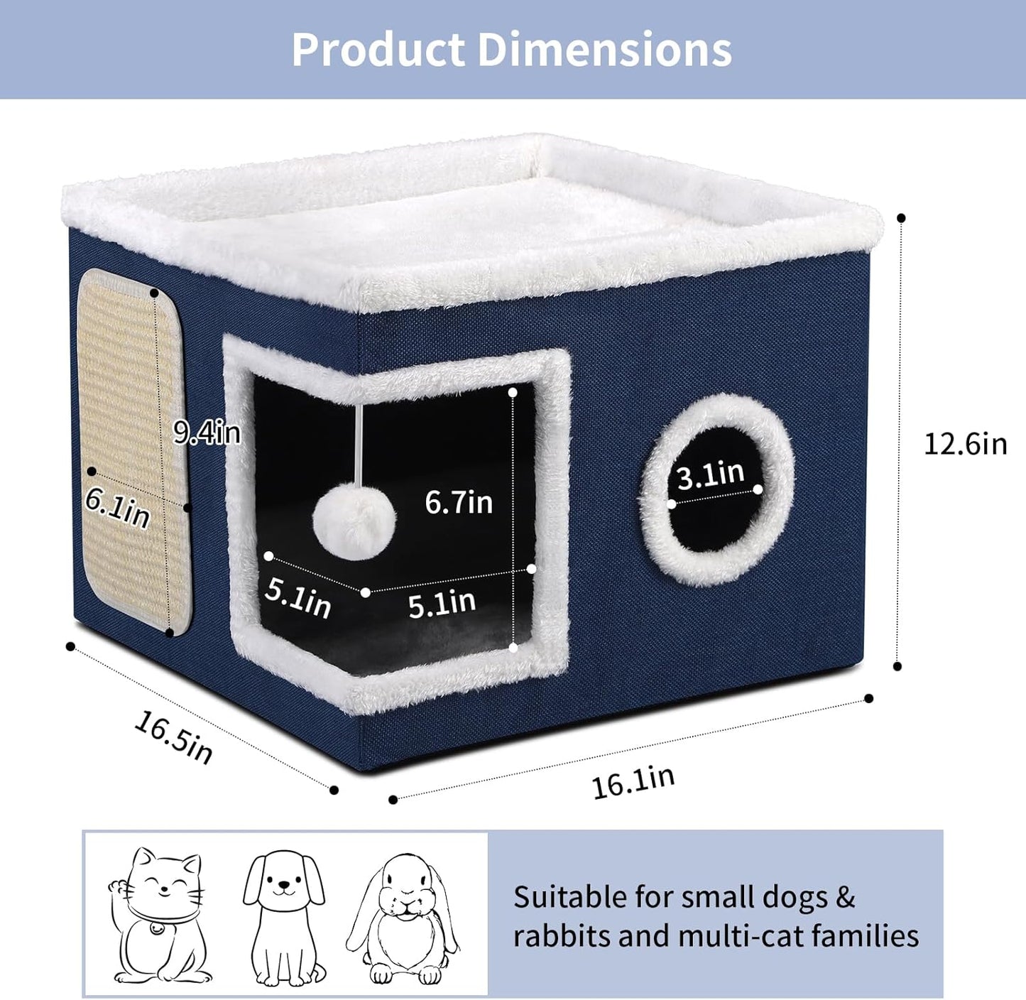 Cat House Bed for Indoor Cats, Large Cat Cave with Cozy Condo, Fluffy Hanging Ball, Scratch Pad, Hide-and-Seek, Foldable Indoor Cat House Hideaway with Double-Sided Soft Cushions for All Seasons, Blue