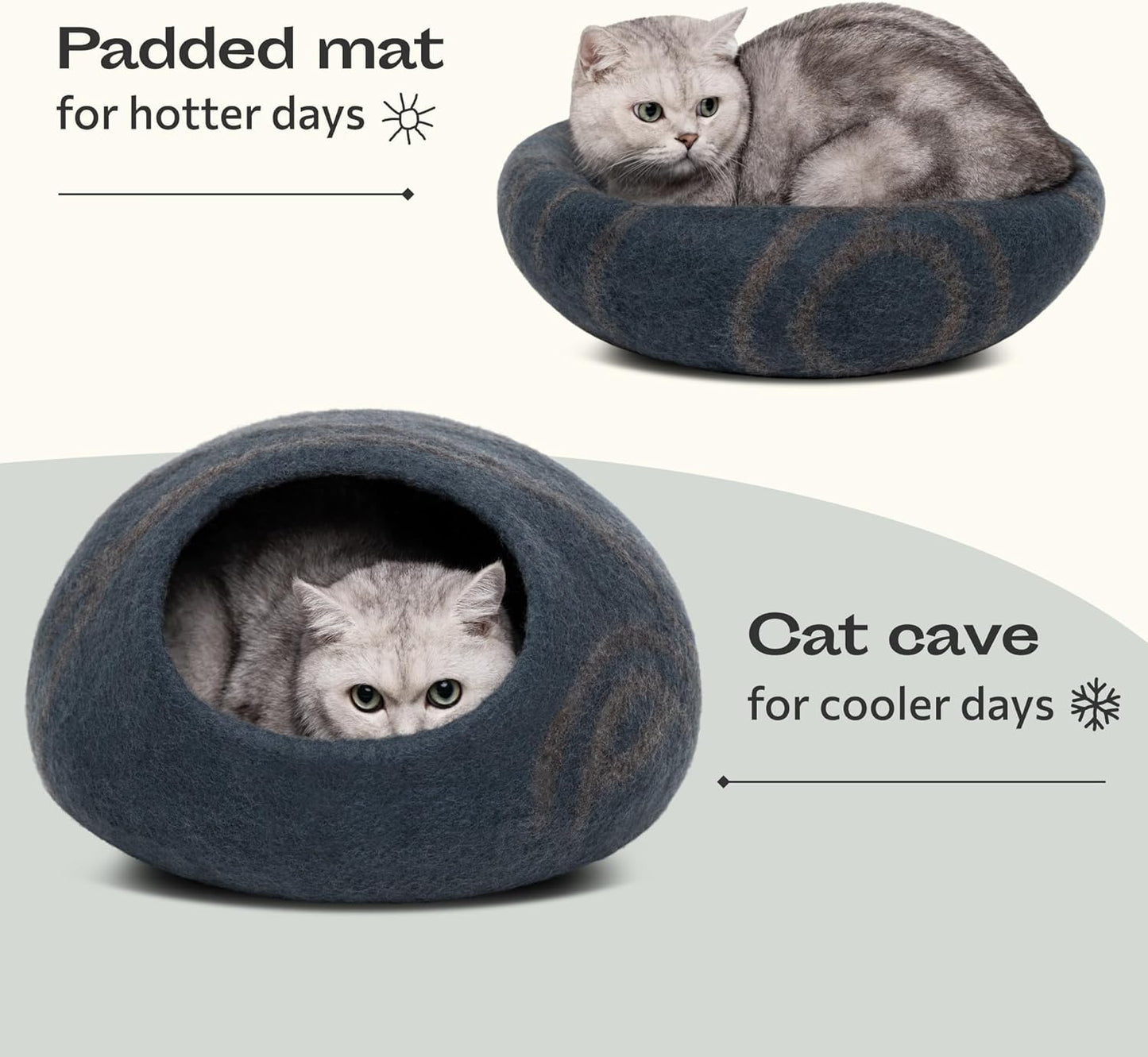 MEOWFIA Cat Cave – Premium Felt Cat Bed for Indoor Cats, Handmade 100% Merino Wool (Medium, Slate Grey)