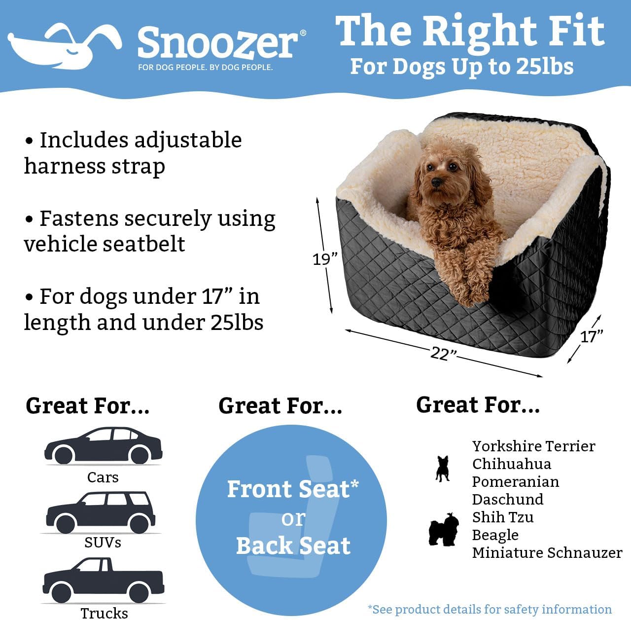 Snoozer Dog Car Seat, Lookout I Dog Booster Car Seat for Small Dogs Under 25lbs, Size: Medium, Fabric: Denim Diamond, Pet Car Seat to Alleviate Car Sickness for Dogs, Removable Machine Washable Cover