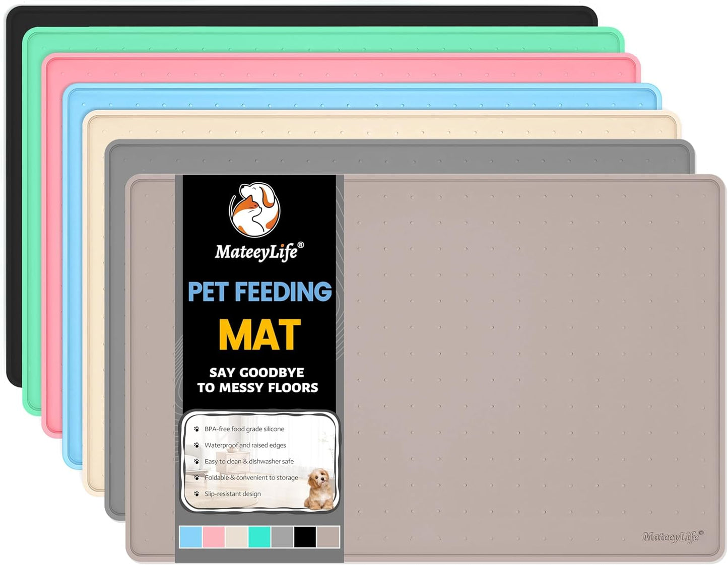MateeyLife Dog & Cat Food Water Mat for Floors Waterproof, Nonslip Pets Bowl Feeding Mats with Raised Edges, Silicone Matt Tray for Messy Drinkers, 24"x16", Taupe