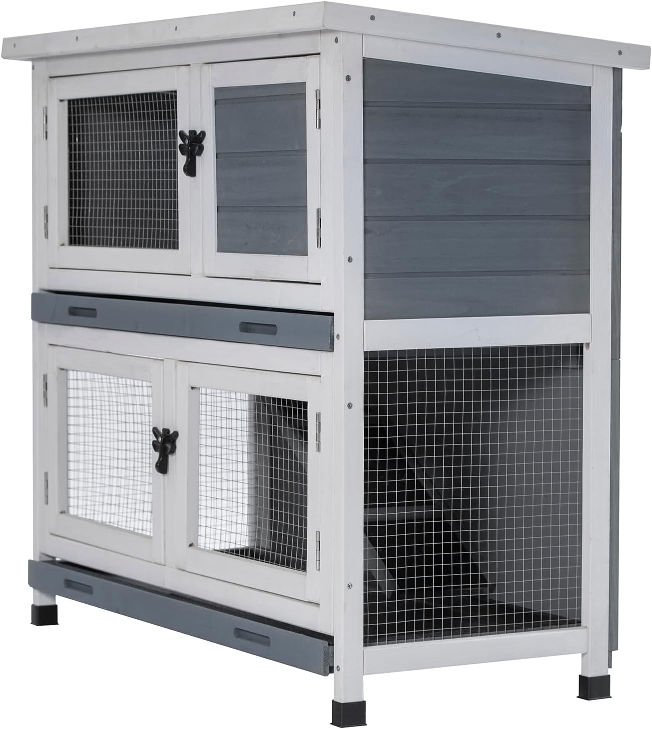 2 Story Solid Wood Rabbit/Bunny Hutch with 2 Large Main Rooms, Indoor Outdoor Rabbit House Guinea Pig Cage Pet House for Small Animals with Ventilation Door Removable Tray Waterproof Roof (Grey)