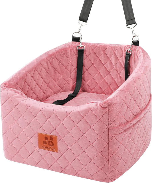 Dog Car Seat for Small Medium Dogs, Memory Foam Pet Booster Seat for Dogs up to 35 lbs, Elevated Dog Carseat, Travel Safety Bed with Washable Removable Cover and Storage Pockets (Pink)