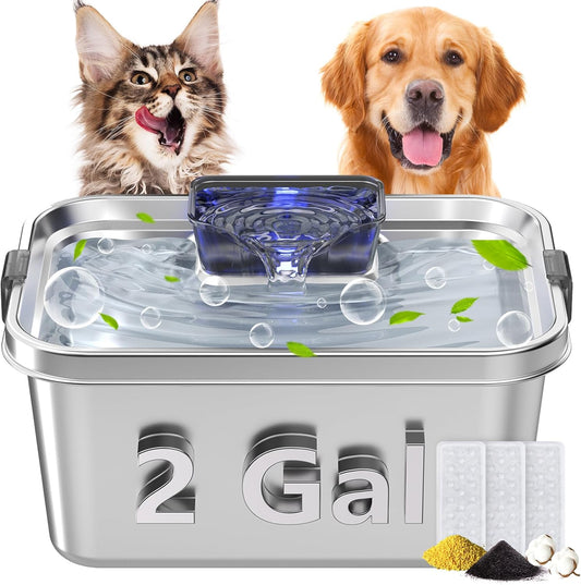 Dog Water Fountain for Large Dogs 2Gal/264oz Large Capacity Pet Water Dispenser Stainless Steel Water Cat Fountain Automatic Dog Water Bowl Dispenser with 3 Filters Ultra Quiet Pump Easy to Clean