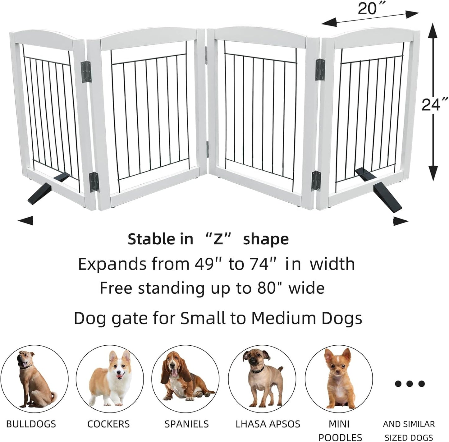ZJSF Freestanding Dog Fence Indoor, Foldable Dog Gate for Doorways, Stairs or Hallways, Sturdy Wood Extra Wide Pet Gate with Support Feet for The House, White, 24 "Height-4 Panels