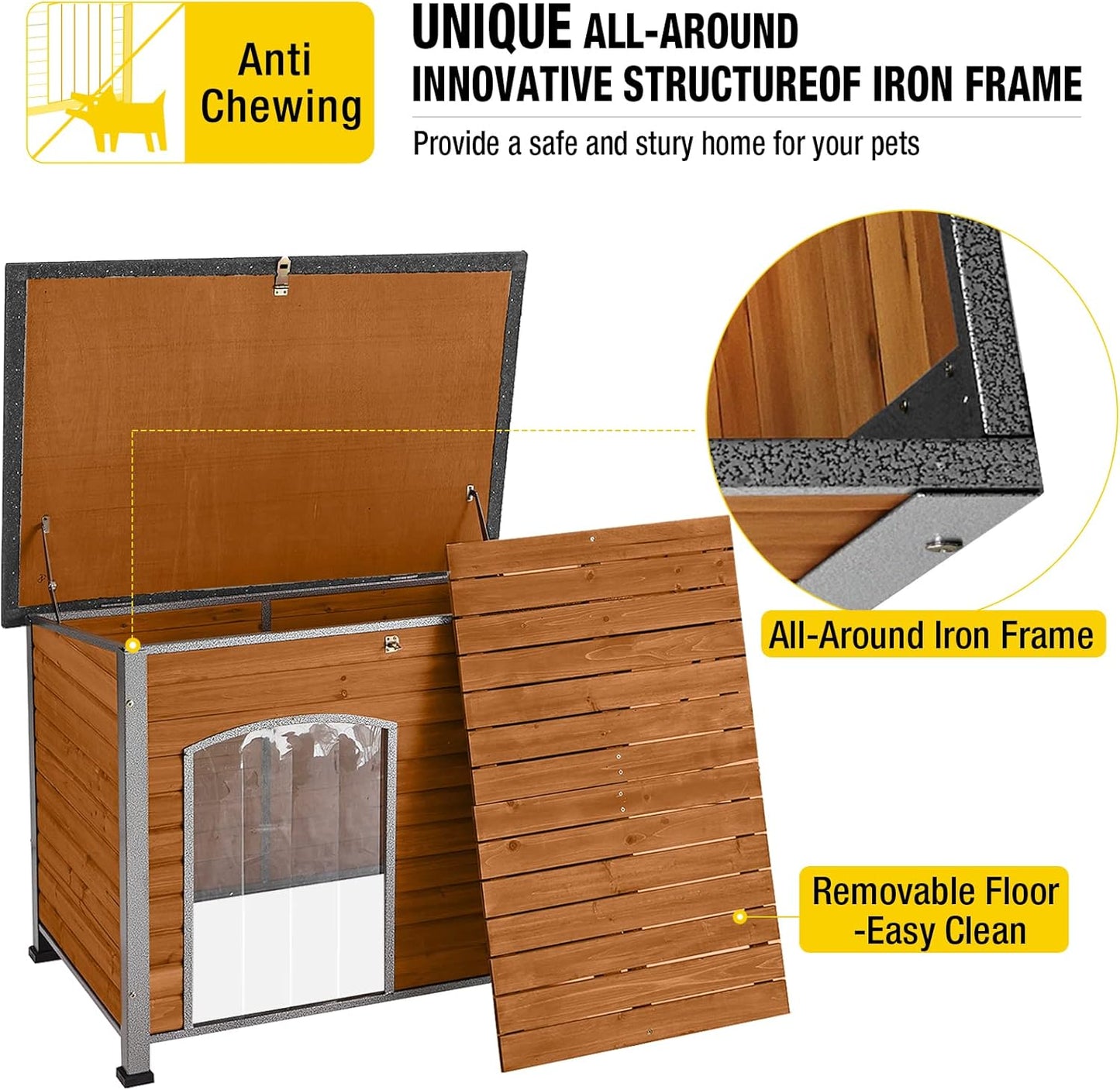 Aivituvin Dog House Outdoor & Indoor Wooden Dog Kennel for Winter with Raised Feet Weatherproof for Small & Medium & Large Dogs,Unique All-Around Iron Frame…