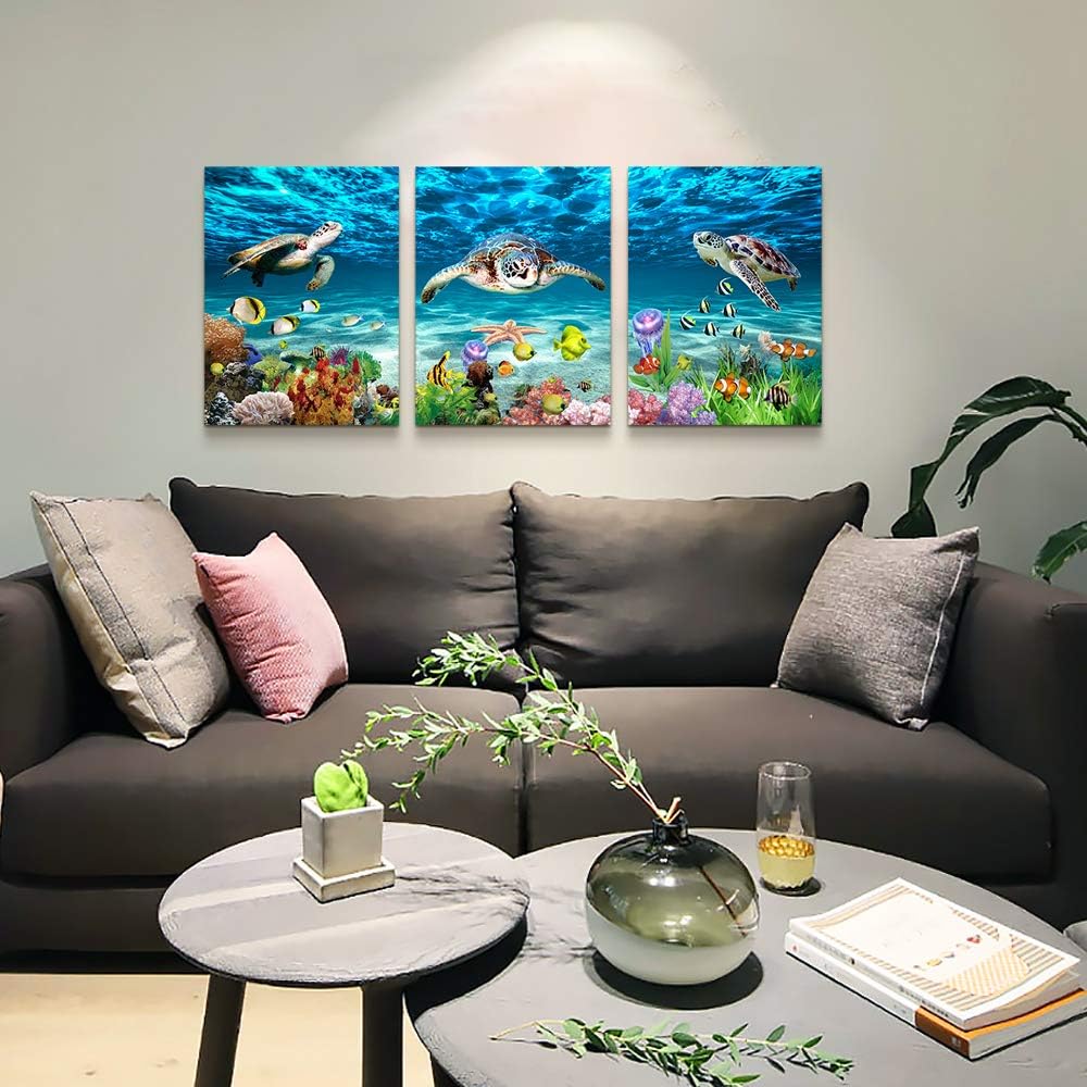 Canvas Wall Art for Living Room Large Size Wall decor for Bedroom Bathroom Wall Decoration blue Ocean Sea Turtle Paintings Modern shark Pictures Artwork office Decor Ready to Hang 16" x 24" 3 Piece