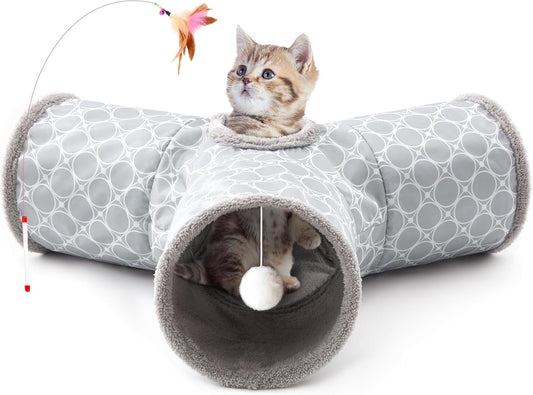 Tempcore Pet Cat Tunnel Tube Cat Toys 3 Way Collapsible, Cat Tunnels for Indoor Cats Fleece-Lined in for Warmth，Kitty Tunnel Bored Pet Toys Peek Hole Toy Ball Cat, Puppy, Kitten, Geometry Grey