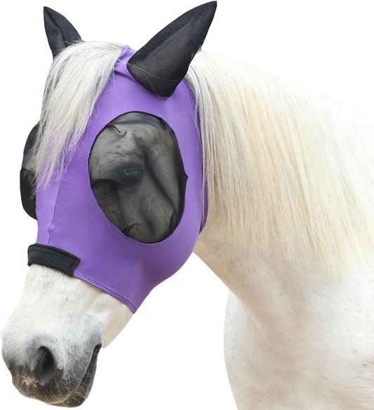 Horse Fly Mask with Ears - Large Eye Space for Full Vision, Breathable Stretch Comfort Fit, UV Protection, Forelock Opening, Easy Pull-On Violet Full