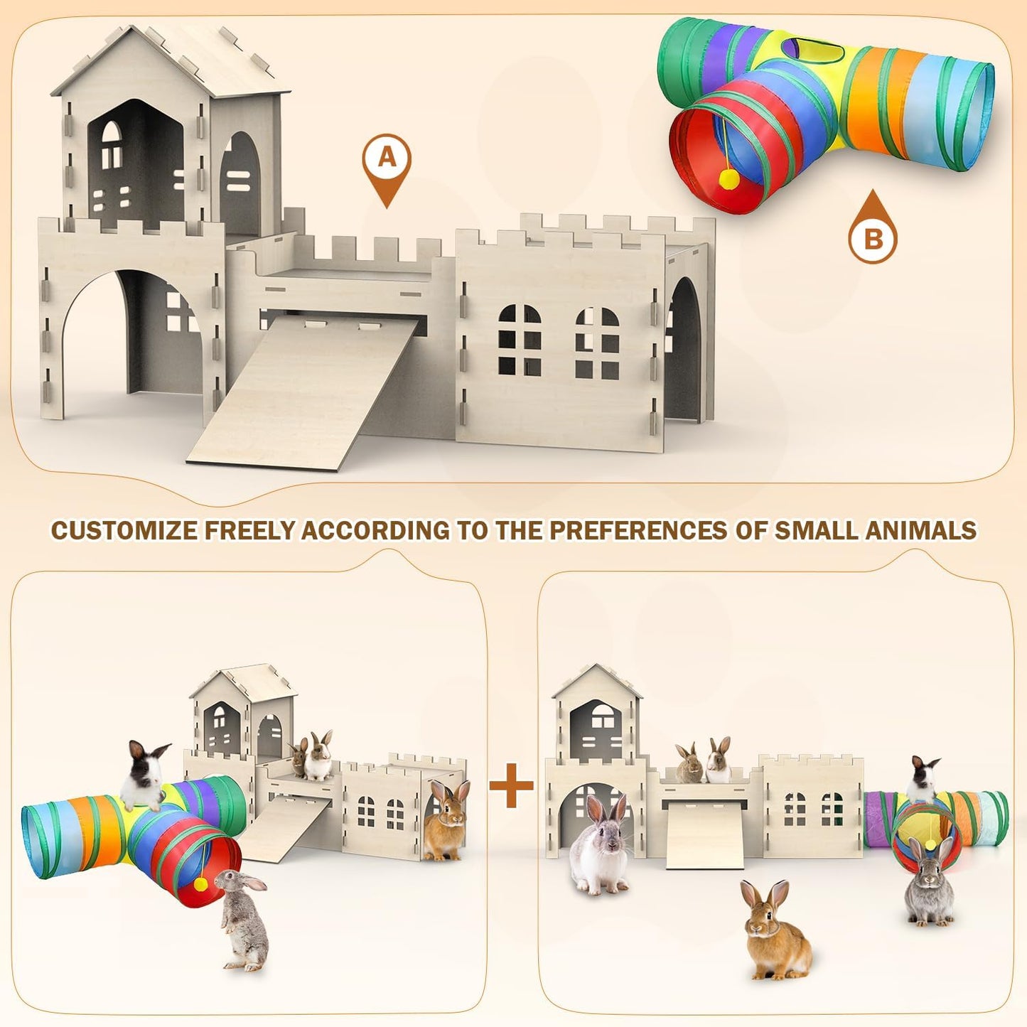 Large Bunny House and Hideouts, Wooden Dual-Layer Rabbit Castle with Stair, Rubber Band-Free Setup - Chew-Proof, Sturdy Habitat for Guinea Pig Chinchilla Ferret (Rabbit House)