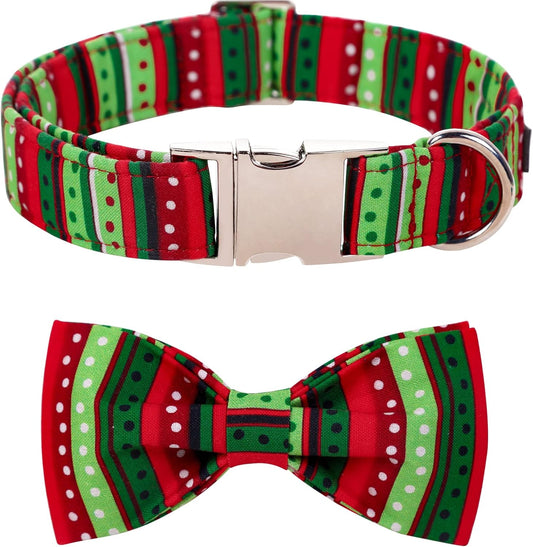 Lionet Paws Dog Collar with Bowtie, Detachable Bowtie for Dressing Up, Cotton Material, Red&Green Dot, Small, Dog, Cat, All Breeds, Extra Small, Buckle Closure, 7-11 inches