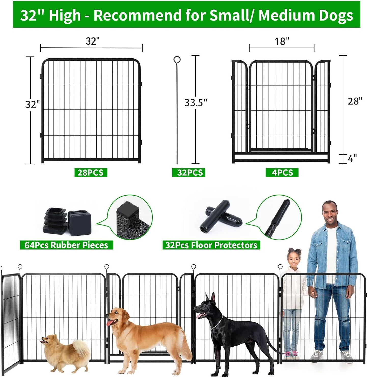 Dog Playpen Outdoor Extra Wide 32 Panels Heavy Duty Dog Fence 32" Height Anti-Rust with Doors Portable for RV Camping Yard, Total 84FT, 561 Sq.ft, Snowy Black