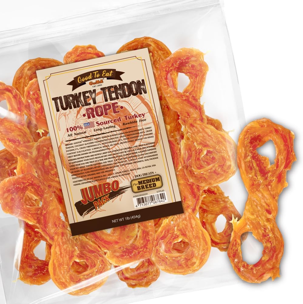 Gootoe Turkey Tendons for Dogs –All-Natural, Hypoallergenic Dog Treats, Rawhide Alternative, Long Lasting Puppy Chews, Healthy Dog Treats for Medium Breeds, Rope (M), 16 oz Pack (1 lb)