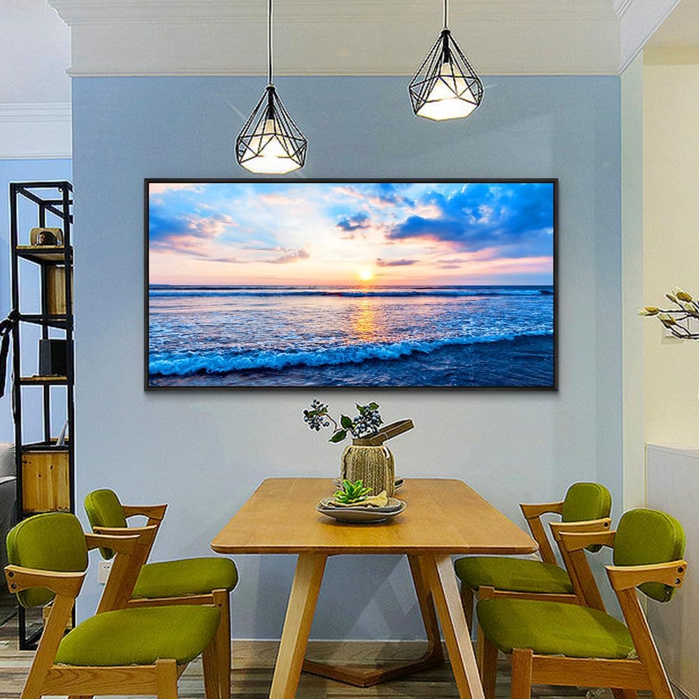 Wapluam Bedroom Decor: Blue Beach Sea Waves Landscape Canvas Print, Large Wall Art, Ready To Hang, Black Framed