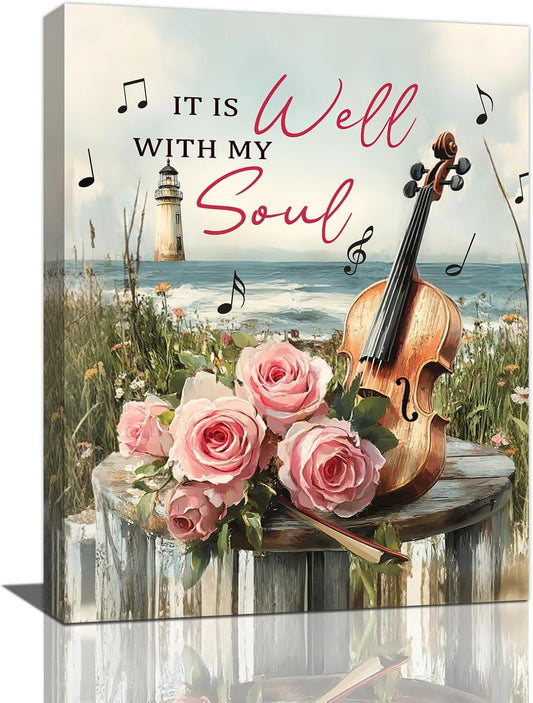 Violin Pictures Wall Art, Music Rustic Country Inspirational Bathroom Wall Decor, Coastal lighthouse Framed Painting Rose Aesthetics Canvas Artwork for Bedroom Living Room Decorations 20"L x 16"W
