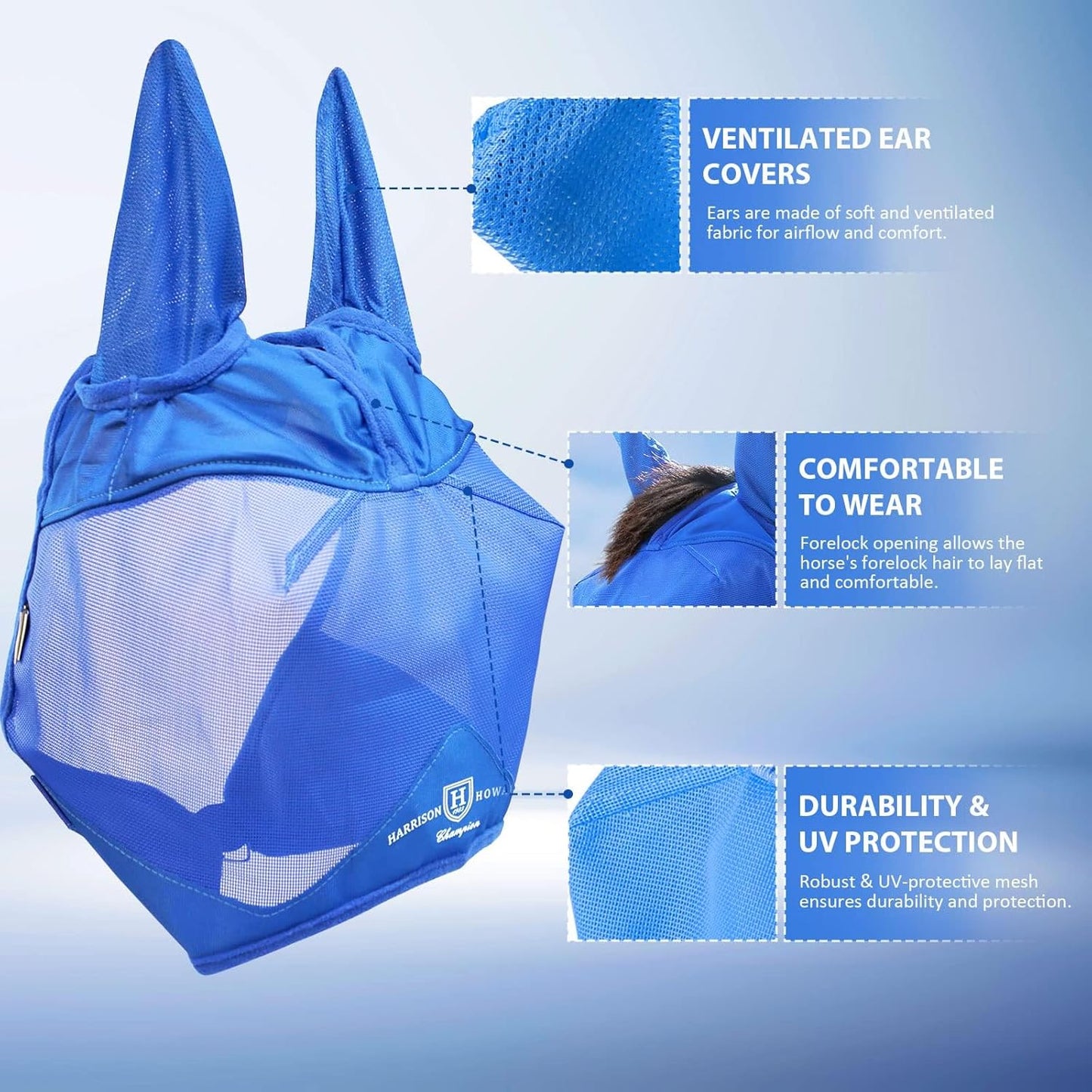 Harrison Howard UV-proof Multi-Function Fabrics Thick Fleece Padding Horse Fly Mask Half Face with Ears Signature Blue Horse Large