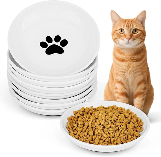 Ceramic Cat Food Bowls - 8 Pack Shallow Plates for Wet Food, Whisker-Friendly Feeding Dish with Non-Slip Silicone Base, Microwave & Dishwasher Safe for Indoor Cats & Kittens