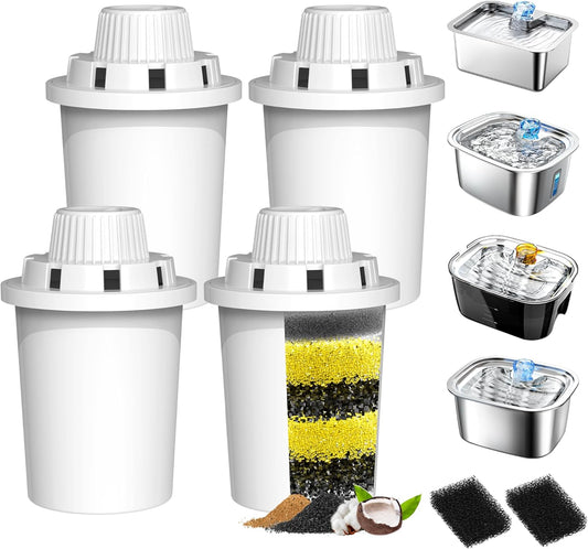 Dog Water Fountain Filters Replacement 4 Packs, 2 Months Set of Replacement Filter with 2 Sponges for PETNF Large Pet Dog Water Fountain Bowl Dispenser, Compatible with D2341/D2223/D2322/D2419 Models