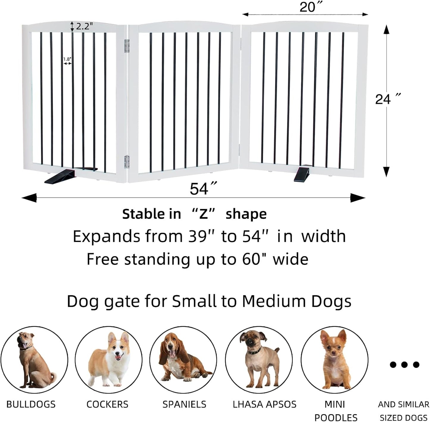 Freestanding Panel Dog Gate for Indoor Doorways, Stairs, or Hallways - Foldable Wooden Pet Gate, 24" Height - 3 Panels, White
