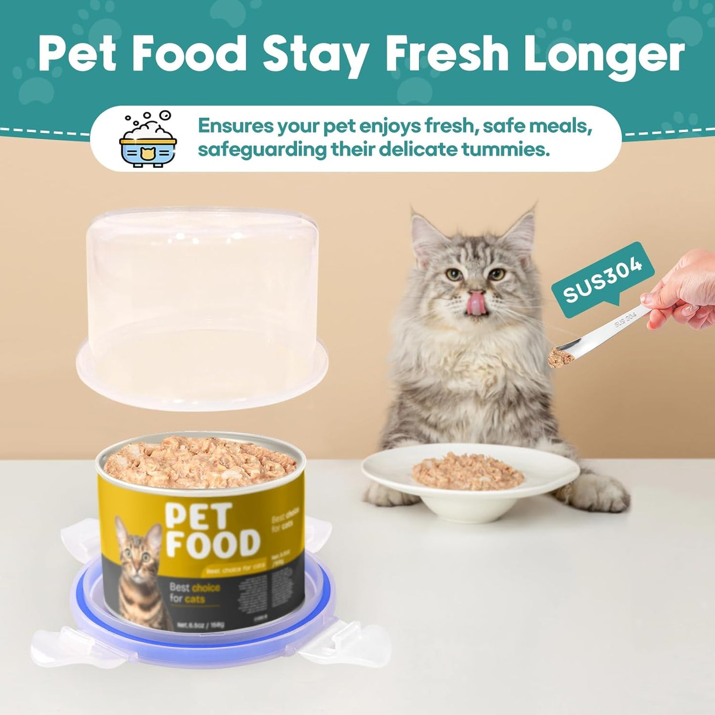 REFLYING Canned Cat Food Storage Lids,Reusable Airtight Can Cover Pet Food Sealer - Keeps Cat Food Storage Can Fresh, Cat Food Container Eliminates Odor, Easy To Use With SUS 304 Spoon,Can Opener