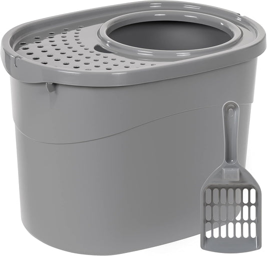 Amazon Basics Large Cat Litter Box with High Sides, Top Entry, Includes Scoop, 20.5 x 14.75 x 14.38 inches, Grey