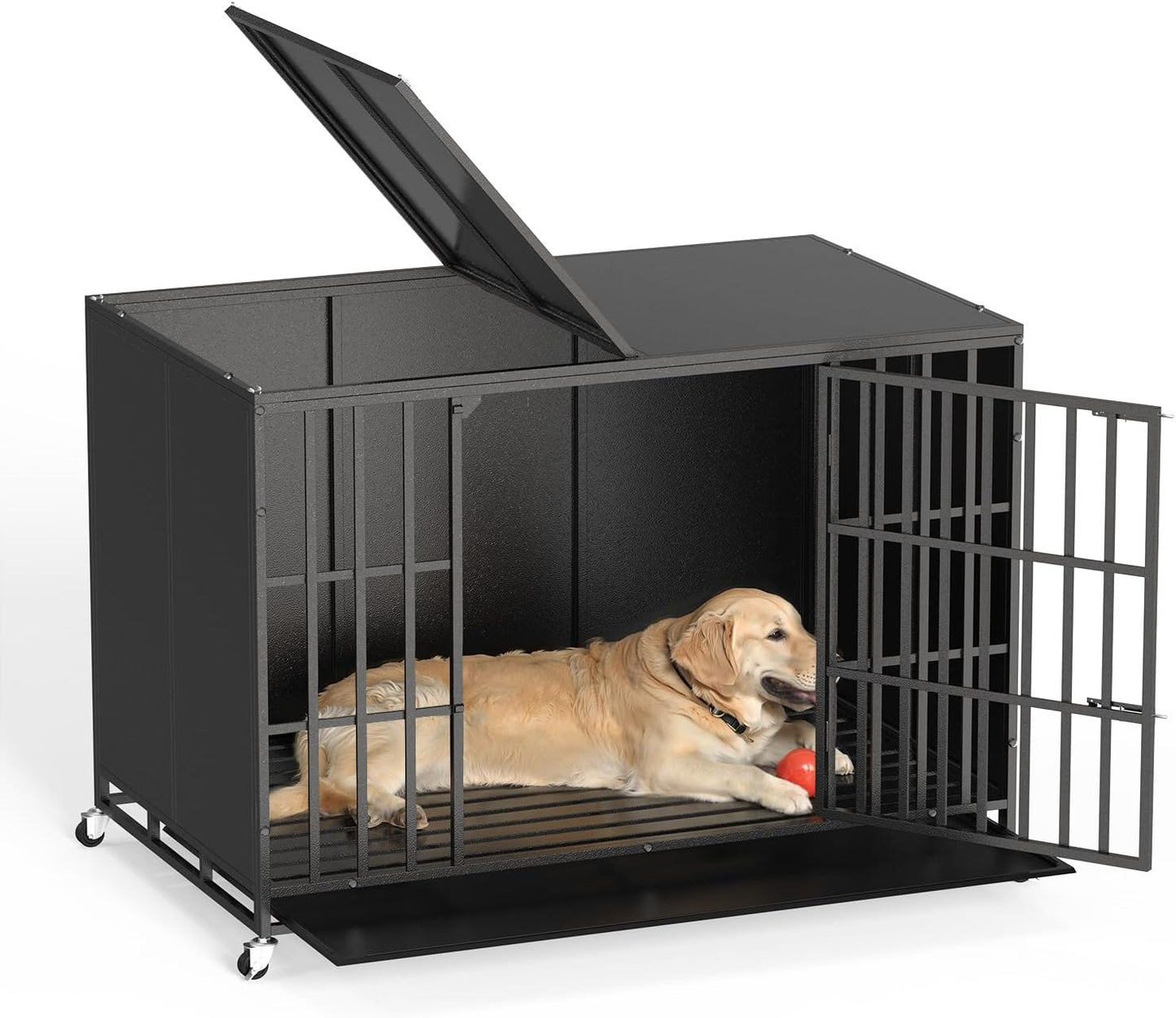 LEMBERI 48/42 inch Heavy Duty Indestructible Dog Crate, High Anxiety Extra Large Dog Cage for Large Dogs, XL Steel Escape Proof Dog Kennel with Wheels and Removable Tray (Black, 47.2*30.7*34.6 inch)
