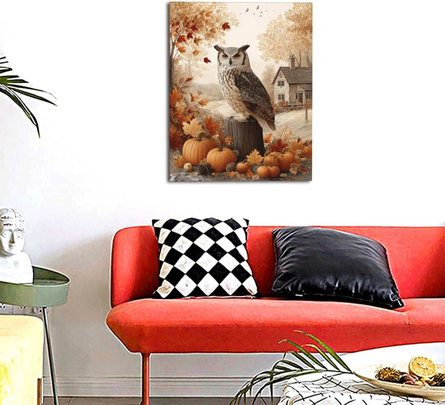 Fall Owl Wall Art Autumn Pumpkin Leaves Wall Decor Rustic Canvas Print Farmhouse Pictures Painting Print Framed Artwork Decorations Gifts for Living Room Bathroom Bedroom Office 16"x20"