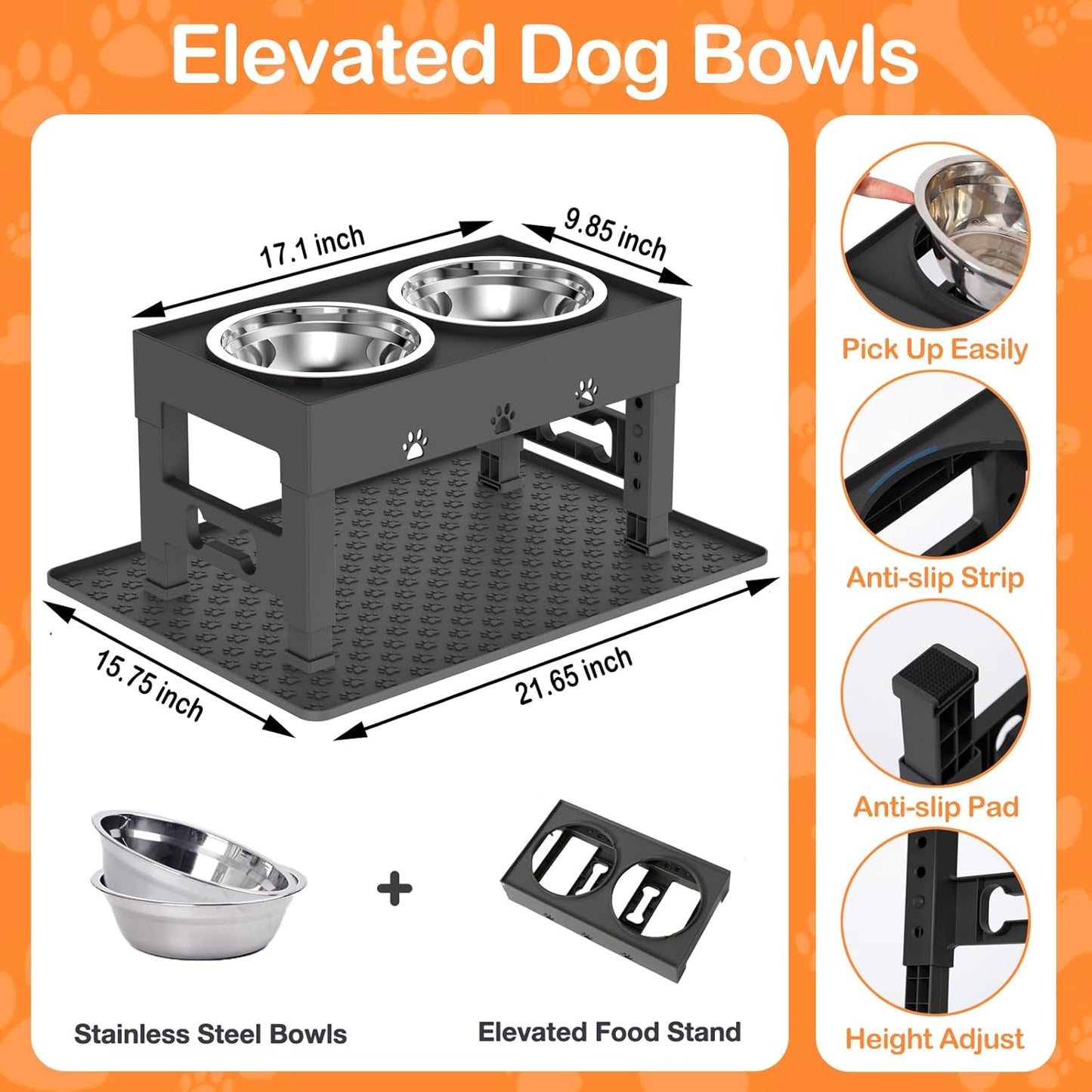 Elevated Dog Bowls with Mat, Raised Dog Food Bowl Stand with 2 Stainless Steel Bowls, 5 Height Adjustable (3.1", 9", 10", 11", 12") Non-Slip Feeder Set for Medium and Large Dogs – Black