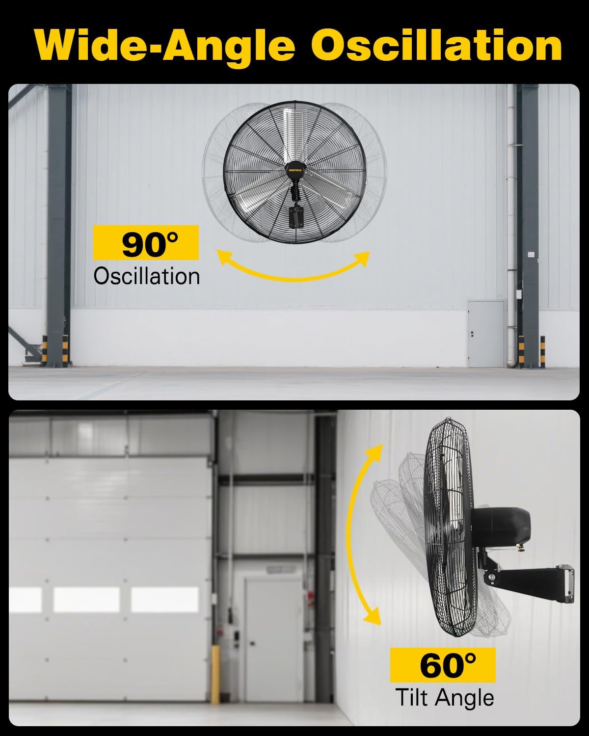 VENTISOL 30 Inch Wall Mount Fan Oscillating, 9500 CFM High Velocity Industrial Fans with 3 Speeds for Garage, Shop, Warehouse, Workshops, Cover Patio, ETL Listed