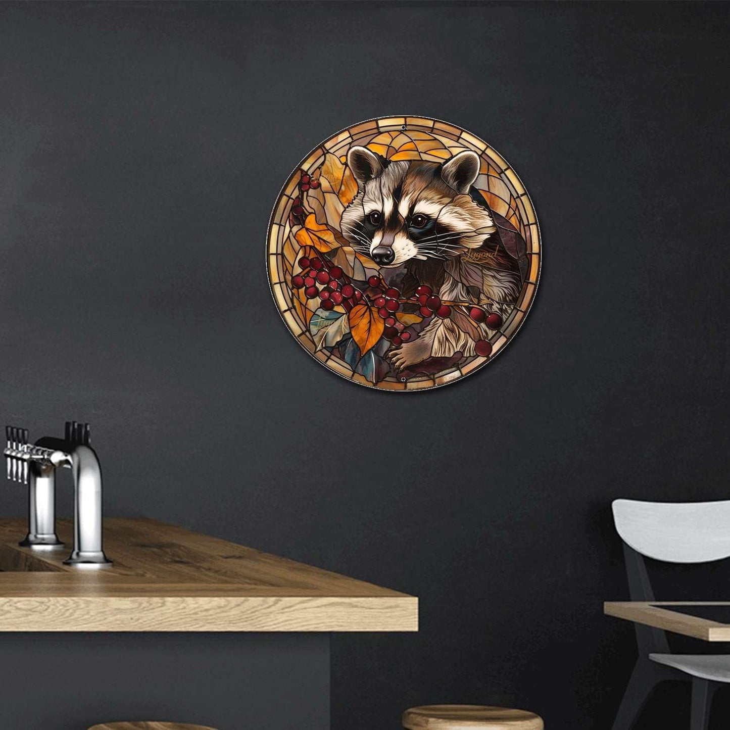 Lygond Metal Sign Tin Sign Circular Stained Glass Raccoon Garden Metal Sign for Pub 12×12 Inches